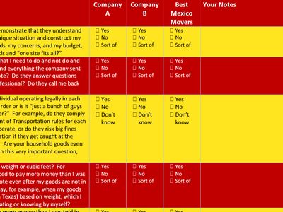 worksheet to compare moving companies for move to MX