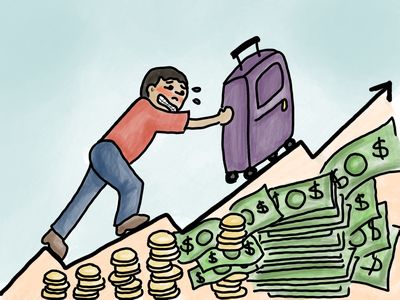 drawing of man pushing suitcase up hill of money